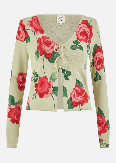 Yumi Green Rose Print Cardigan With Tie Front