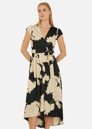 Yumi Black Blossom Print Wrap Midi With Dipped Hem