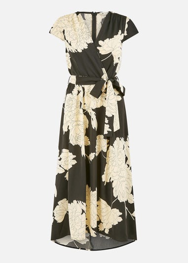 Yumi Black Blossom Print Wrap Midi With Dipped Hem