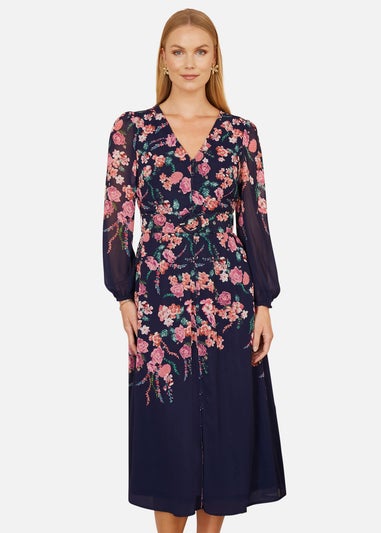 Yumi Navy Button Up Midi Dress With Floral Placement & Long Sleeves