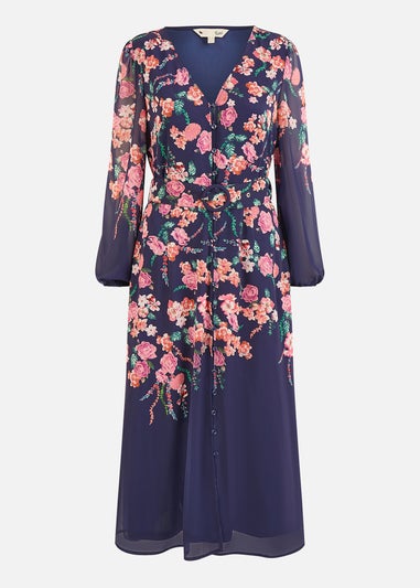 Yumi Navy Button Up Midi Dress With Floral Placement & Long Sleeves