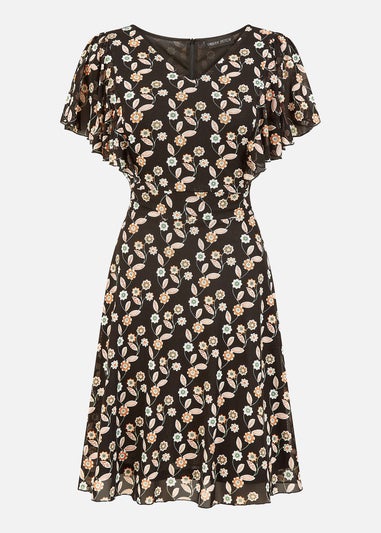 Yumi Black Leaf Print Mesh Stretch Skater Dress