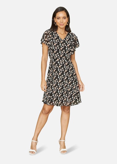 Yumi Black Leaf Print Mesh Stretch Skater Dress