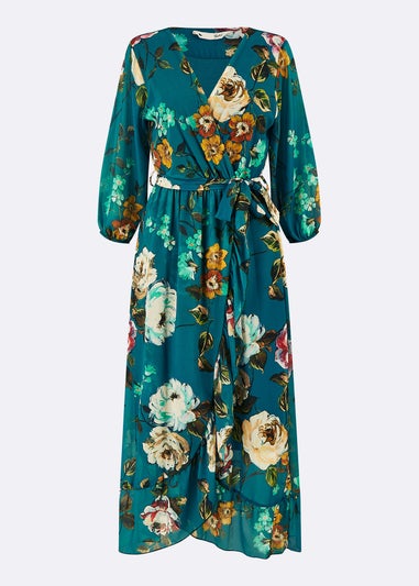 Yumi Teal Watercolour Dip Hem Midi Wrap Dress