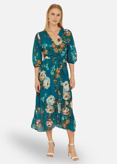 Yumi Teal Watercolour Dip Hem Midi Wrap Dress