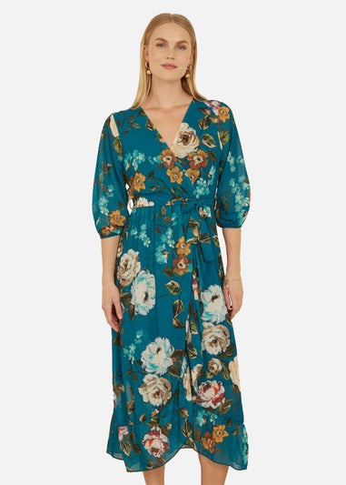 Yumi Teal Watercolour Dip Hem Midi Wrap Dress