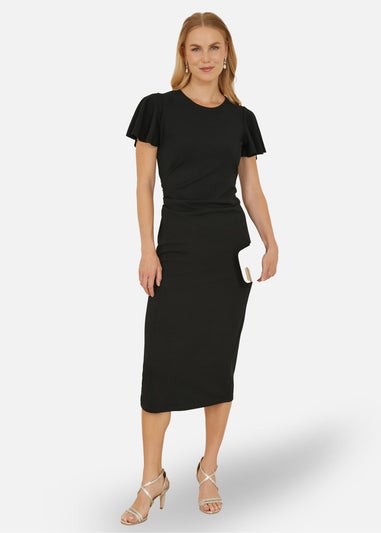 Yumi Black Ruched Waist Stretch Midi Dress