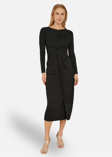 Yumi Black Midi Fitted Stretch Dress With Knot Detail