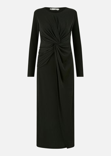 Yumi Black Midi Fitted Stretch Dress With Knot Detail