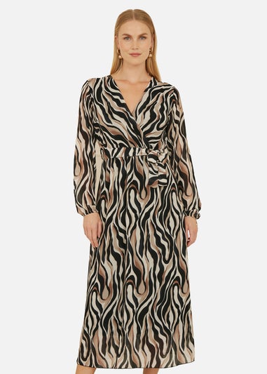 Yumi Brown Animal Swirl Midi Wrap Dress