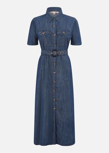 Yumi Blue Chambray Utility Midi Denim Shirt Dress