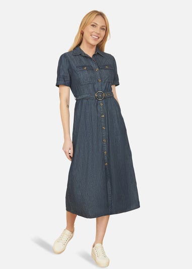 Yumi Blue Chambray Utility Midi Denim Shirt Dress