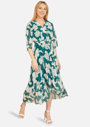 Yumi Green Floral Print Wrap Dress With Dippe