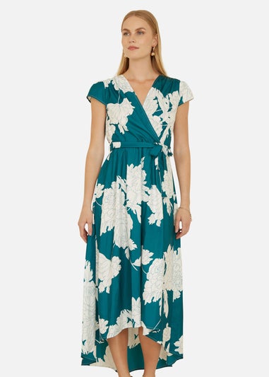 Yumi Green Blossom Print Wrap Midi With Dipped Hem