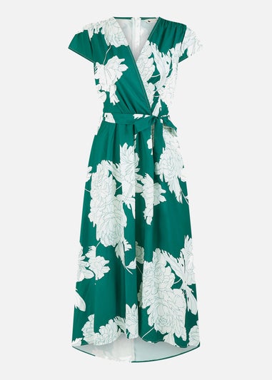 Yumi Green Blossom Print Wrap Midi With Dipped Hem