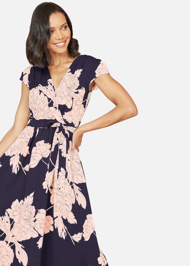 Yumi Navy Blossom Print Wrap Midi With Dipped Hem