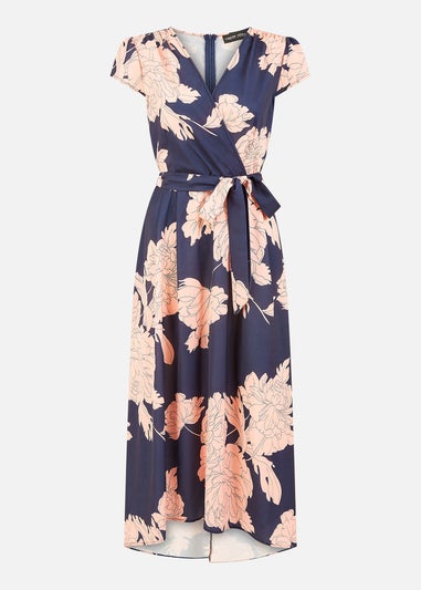 Yumi Navy Blossom Print Wrap Midi With Dipped Hem