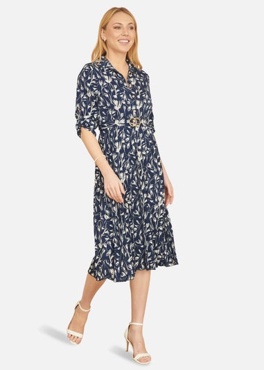 Yumi Navy Floral Print Pleated Skater Dress With Buckle