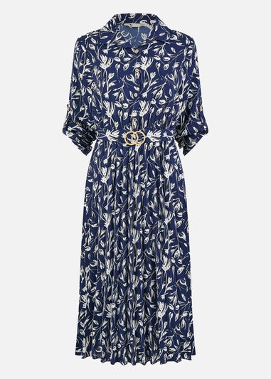 Yumi Navy Floral Print Pleated Skater Dress With Buckle