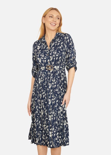 Yumi Navy Floral Print Pleated Skater Dress With Buckle