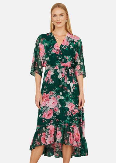 Yumi Green Kimono Sleeves Midi Dip Hem Wrap Midi Dress