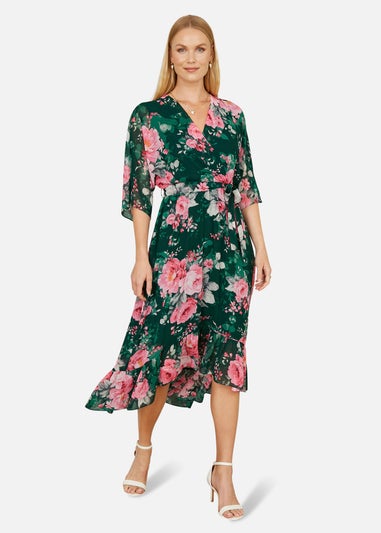 Yumi Green Kimono Sleeves Midi Dip Hem Wrap Midi Dress