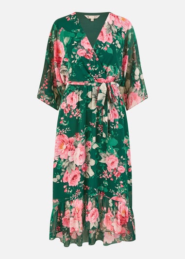 Yumi Green Kimono Sleeves Midi Dip Hem Wrap Midi Dress