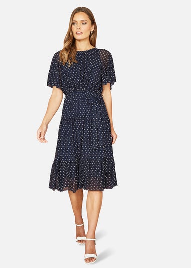 Yumi Navy Dot Print Mesh Stretch Midi Skater Dress