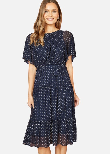 Yumi Navy Dot Print Mesh Stretch Midi Skater Dress