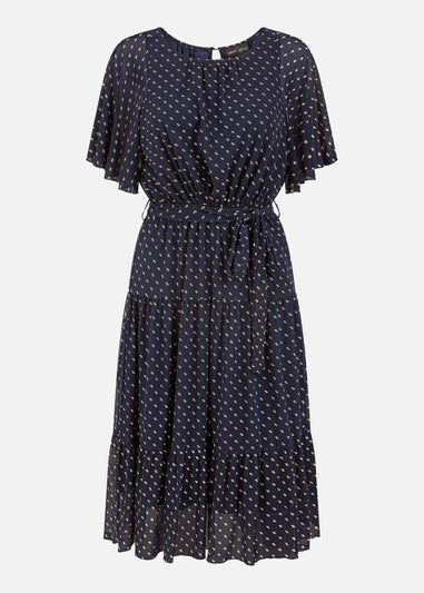 Yumi Navy Dot Print Mesh Stretch Midi Skater Dress