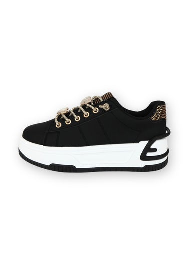 Love Lemonade Black Crystal Hearts Sparkly Lace Up Trainers