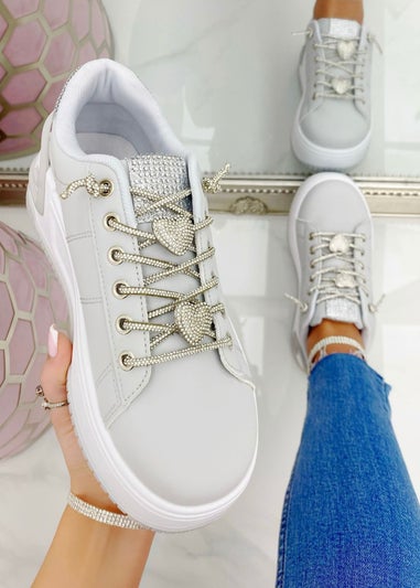 Love Lemonade Grey Crystal Hearts Sparkly Lace Up Trainers