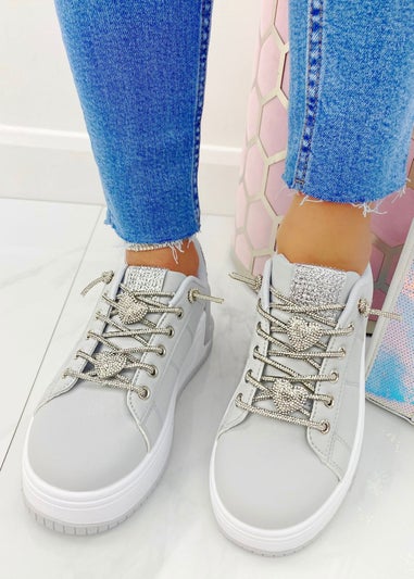 Love Lemonade Grey Crystal Hearts Sparkly Lace Up Trainers