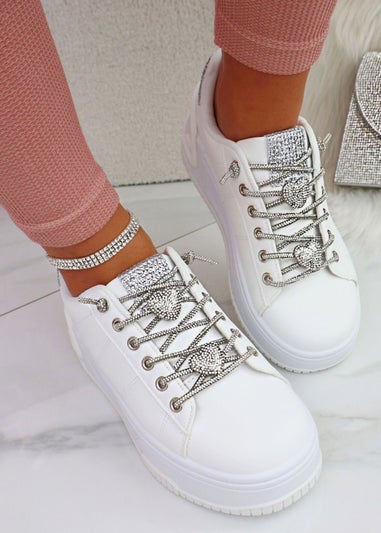 Love Lemonade White Crystal Hearts Sparkly Lace Up Trainers