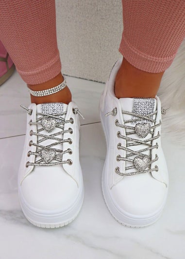 Love Lemonade White Crystal Hearts Sparkly Lace Up Trainers