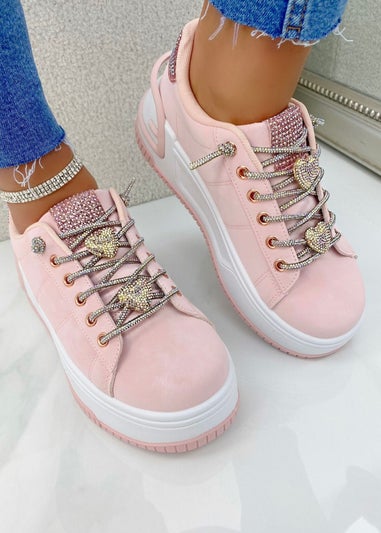 Love Lemonade Pale Pink Crystal Hearts Sparkly Lace Up Trainers