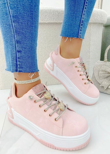 Love Lemonade Pale Pink Crystal Hearts Sparkly Lace Up Trainers