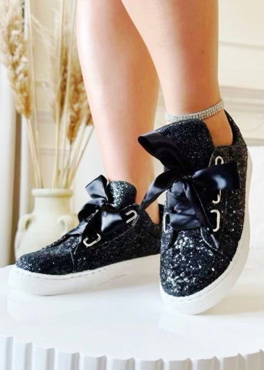 Love Lemonade Black Sparkly Glitter Ribbon Lace Trainers