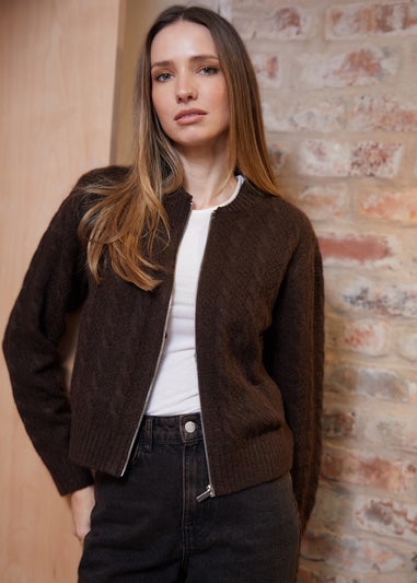 Threadbare Chocolate Zip-Up Cable Knit Bomber Jacket