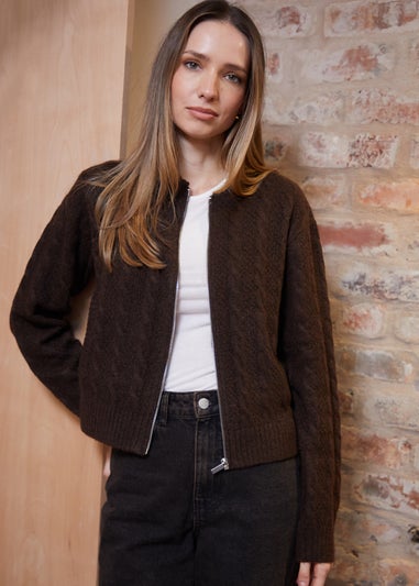 Threadbare Chocolate Zip-Up Cable Knit Bomber Jacket