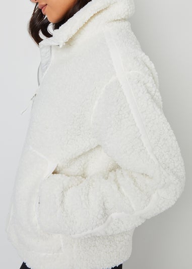 Threadbare White Funnel Neck Zip-Up Borg Fleece