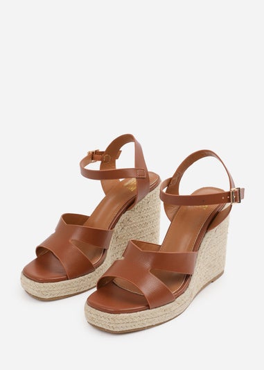 Where's That From Tan-PU Wide-Fit Black PU Sansa Wedge Shoes