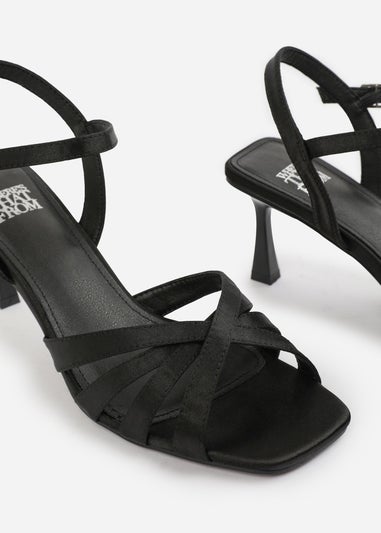 Where's That From Black Satin Torigh Cross-Over Multi-Strap Adjustable Buckle Heel