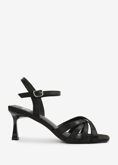 Where's That From Black Satin Torigh Cross-Over Multi-Strap Adjustable Buckle Heel