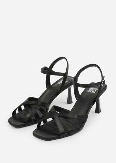 Where's That From Black Satin Torigh Cross-Over Multi-Strap Adjustable Buckle Heel