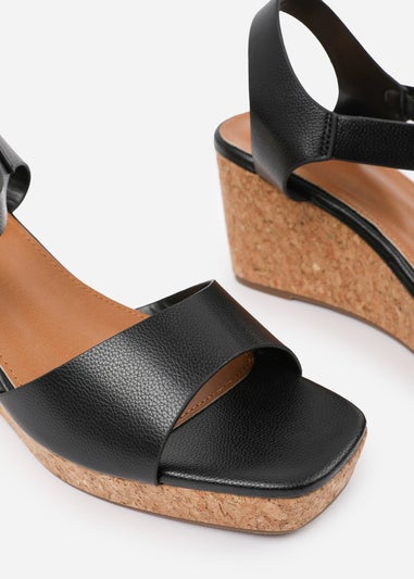 Where's That From Black PU Giselle Wide-Fit Wedge Sandals With Buckle-Ankle-Strap