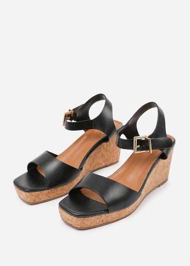 Where's That From Black PU Giselle Wide-Fit Wedge Sandals With Buckle-Ankle-Strap