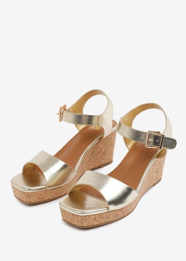 Where's That From Gold PU Giselle Wide-Fit Wedge Sandals With Buckle-Ankle-Strap