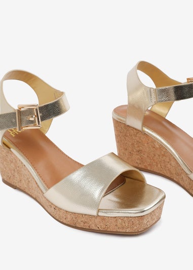 Where's That From Gold PU Giselle Wide-Fit Wedge Sandals With Buckle-Ankle-Strap