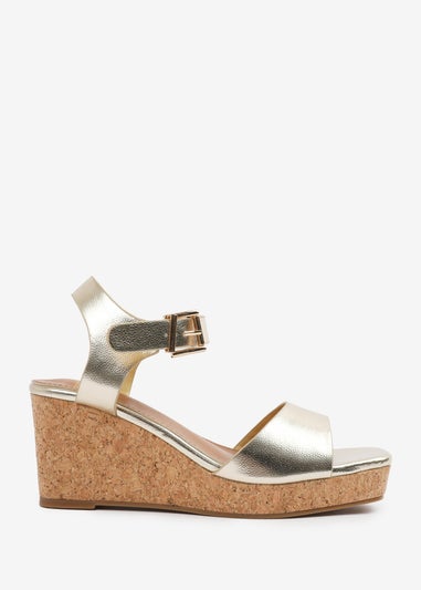 Where's That From Gold PU Giselle Wide-Fit Wedge Sandals With Buckle-Ankle-Strap